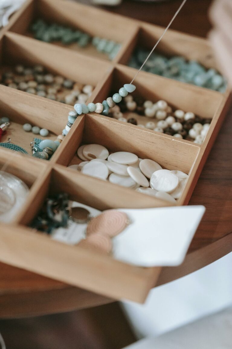 Wooden container with various beads